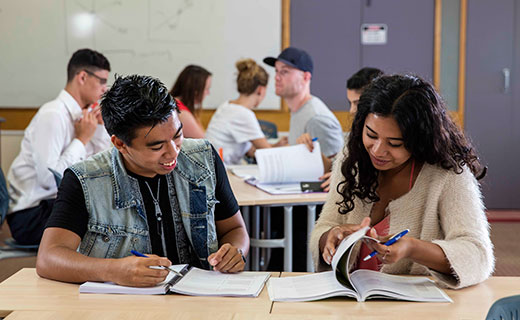 Two students looking through text books in class